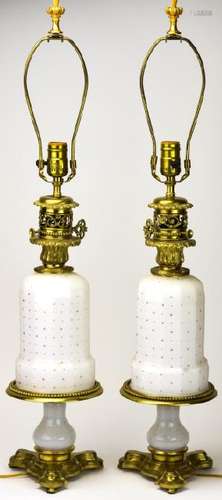 Pair of Antique Gold Decorated Opaline Glass Lamps