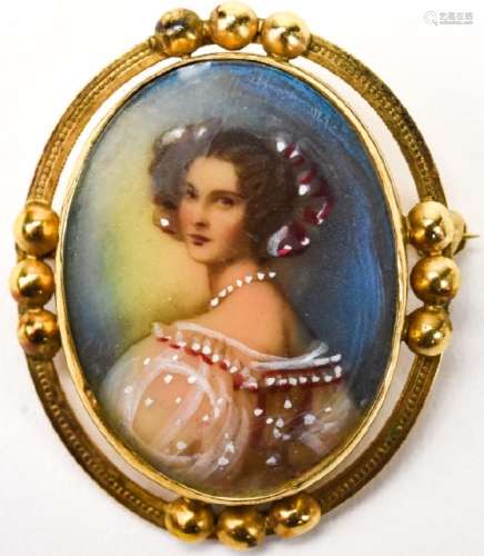 Antique Portrait Miniature of a Lady Brooch Pin