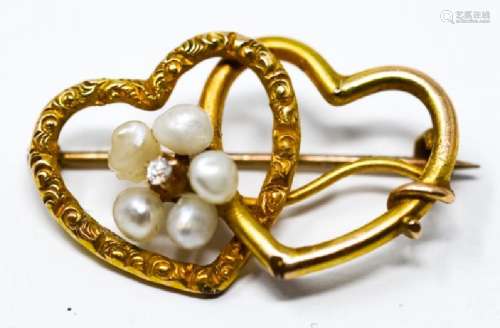 Antique 14kt Gold Pearl & Diamond Heart Brooch
