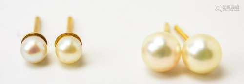 Two Pairs 14kt Yellow Gold & Pearl Earring Studs