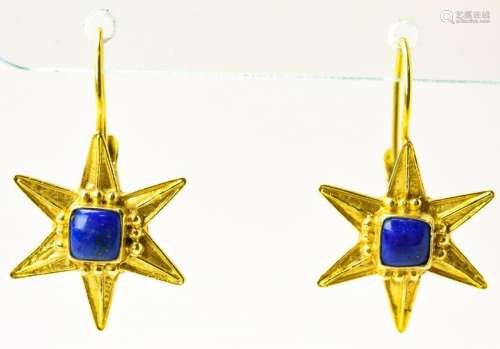 Pair Estate 14kt Yellow Gold & Lapis Star Earrings