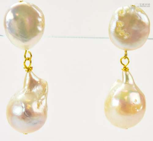 Pair of 14kt Yellow Gold & Baroque Pearl Earrings