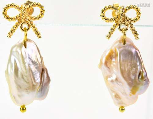 Pair of 14kt Yellow Gold & Baroque Pearl Earrings