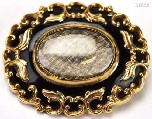 Antique 19th C Gold & Black Enamel Mourning Brooch