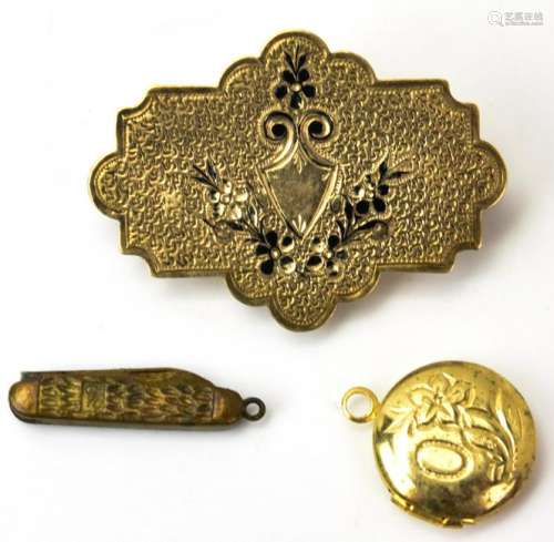 Antique 19th C Brooch w Locket & Mini Pocket Knife