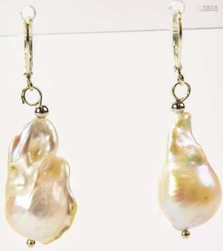 Pair of Large Cultured Baroque Pearl Earrings