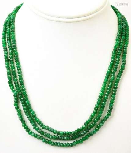 Triple Strand Faceted Green Jade Bead Necklace