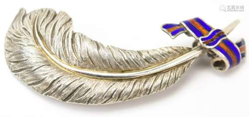Antique Sterling Silver & Enamel Feather Brooch