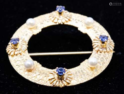 Estate 14kt Yellow Gold Sapphire & Pearl Brooch