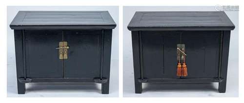 Pair of Asian Black Lacquered Low Side Cabinets