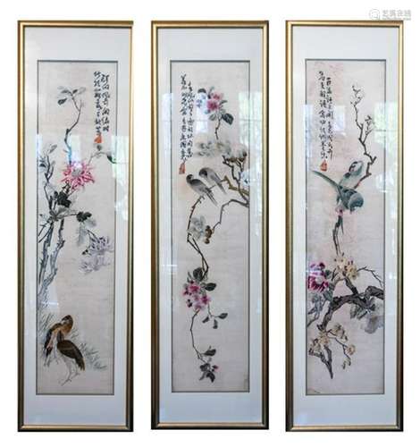 Three Asian Embroidered Silk Panels