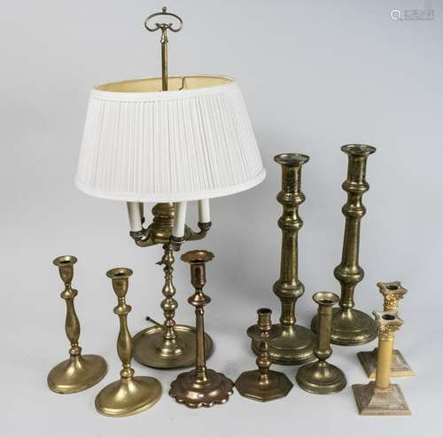 Group of Brass Candlesticks & Brass Lamp