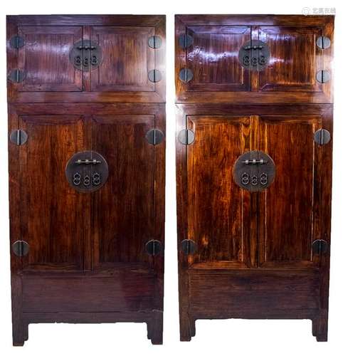 Pair of Asian Hardwood Two Part Armoires