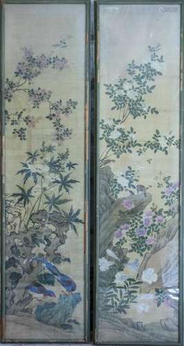 Pair of Bird Decorated Silk Panels