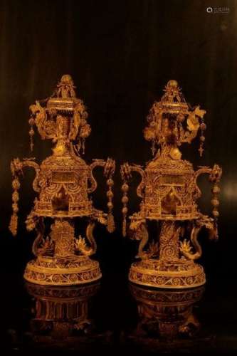 A pair of gilt-metal stupa