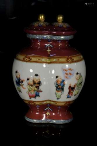 A famille-rose 'children' twin vase