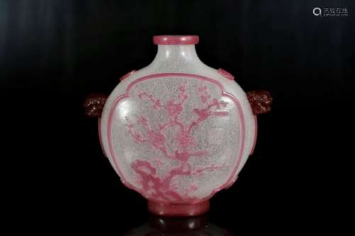 A carved pink glass overlay flowers and birds vase