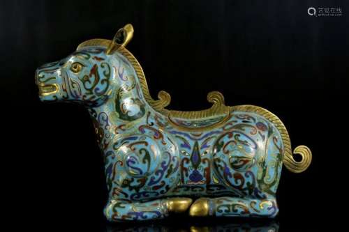 A cloisonne incense burner in the shape of a horse