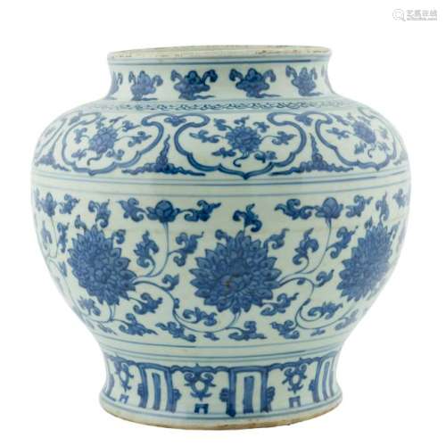 MING BLUE & WHITE WRAPPED FLORAL JAR