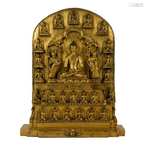 QING GILT BRONZE SAKHYAMUNI BUDDHA WITH AUREOLE,QING GILT BRONZE
SAKHYAMUNI BUDDHA WITH AUREOLE