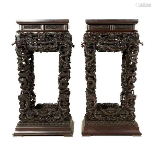 EXTRAORDINARY PAIR ZITAN CARVED DRAGON STANDS