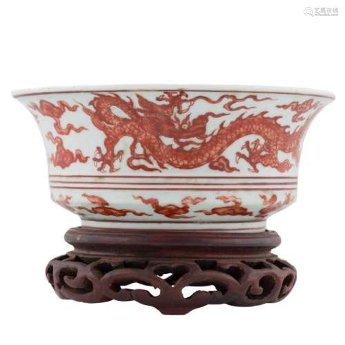 XUANDE RED DRAGON BOWL ON STAND