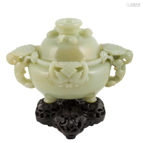 OPEN-WORKS CARVED JADE LIDDED TRIPOD CENSER ON STAND