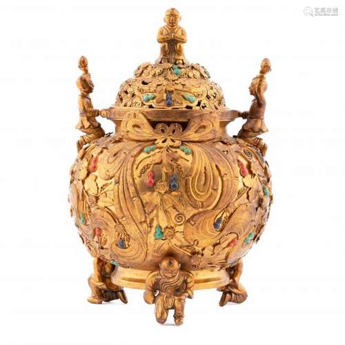 GILT BRONZE & STONES INLAID CENSER