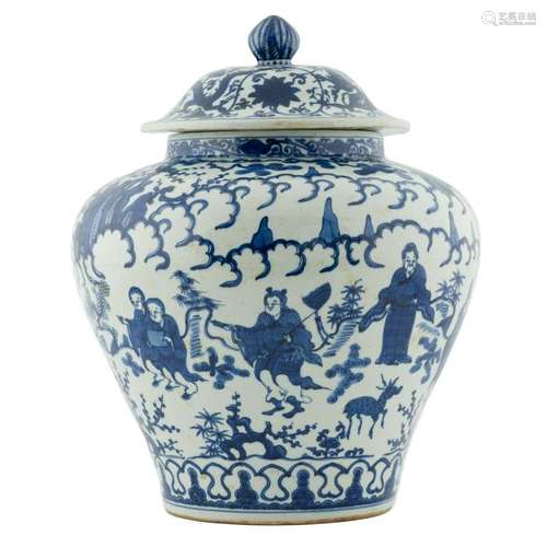 MING JAJING BLUE & WHITE FIGURIAL HELMET JAR