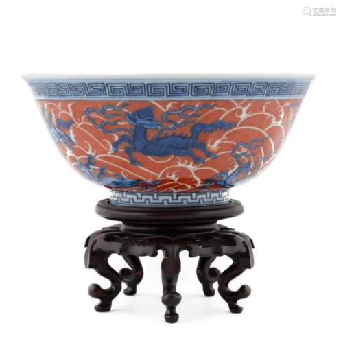 QIANLONG RED & BLUE MYTHICAL BEAST BOWL ON STAND