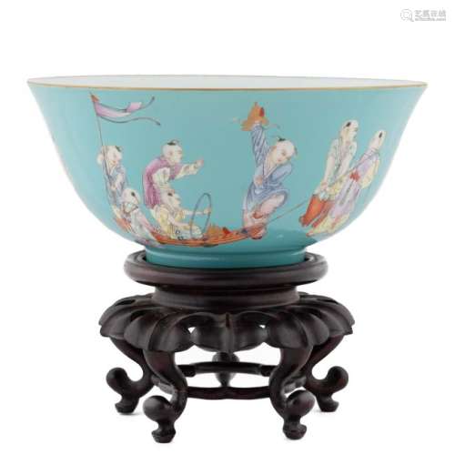 QIANLONG PEACOCK GREEN IMMORTAL BOWL ON STAND