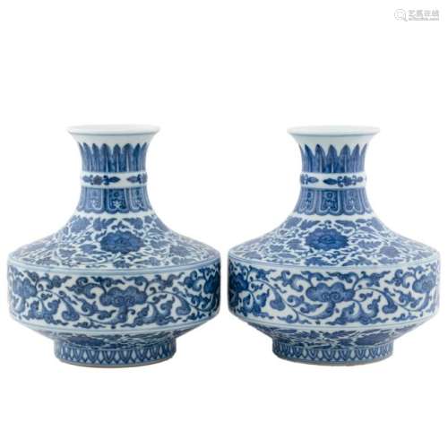 PAIR YONGZHENG BLUE & WHITE WRAPPED FLORAL VASES