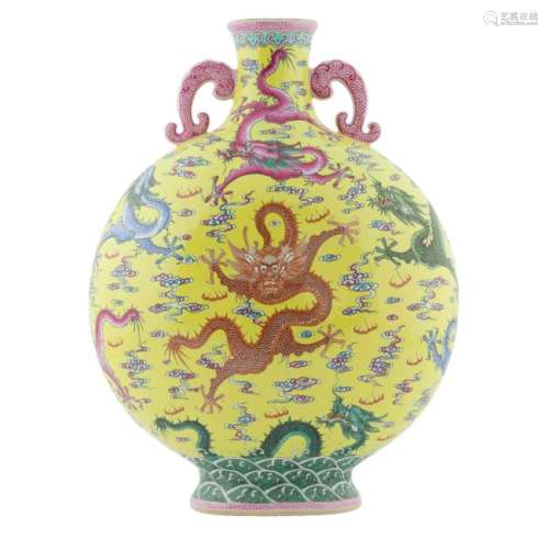 QIANLONG FAMILLE ROSE DRAGON MOON VASE ON STAND