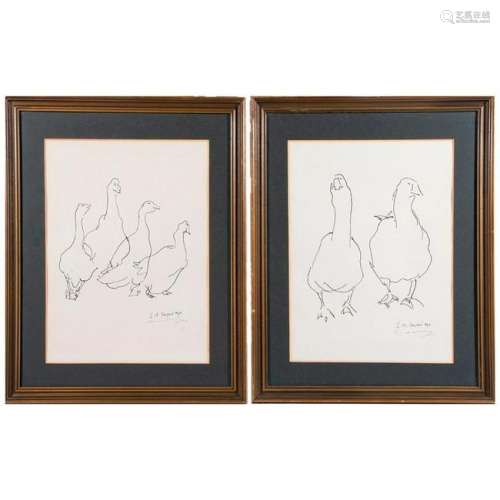 Two ink drawings of geese signed lower right J. M.