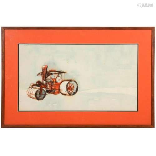 A 20th century watercolor of a steamroller signed