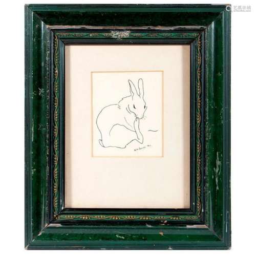 An ink on paper drawing of a rabbit by Nina K. Brisley