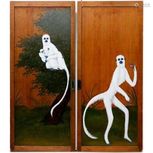 Pair of Japanese wooden doors with painted lemurs.