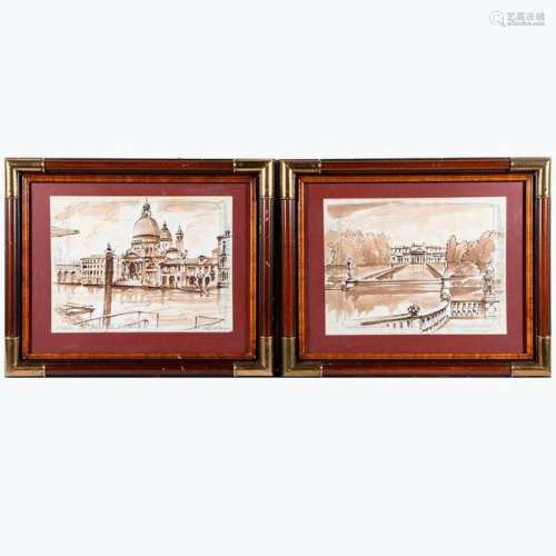 Two wash sketches of Venice on Gritti Palace Hotel