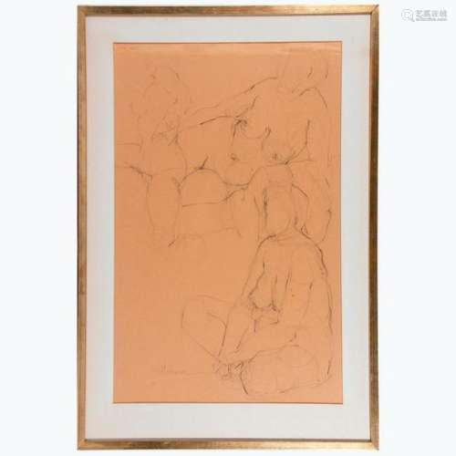 Graphite on paper study of three nudes signed Haliman