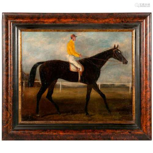 A 19th century oil on board painting of a racehorse and