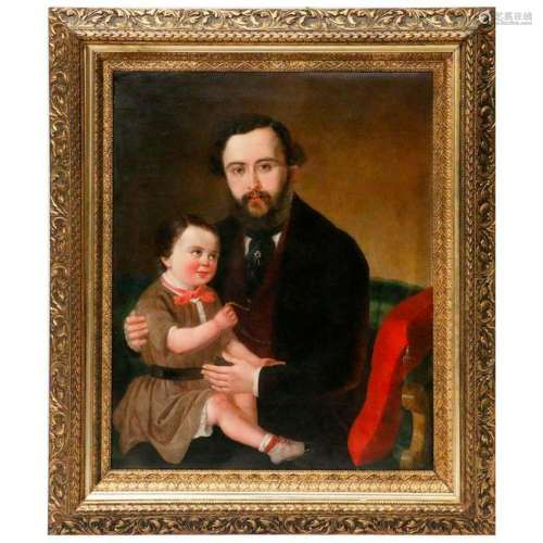 A 19th century oil on canvas portrait of a father and