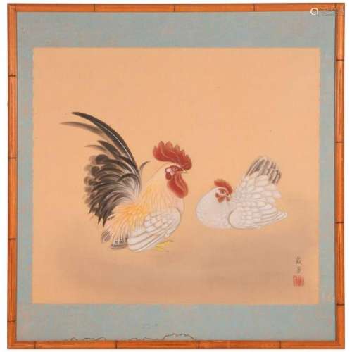 A 19th century Chinese watercolor of a rooster and hen