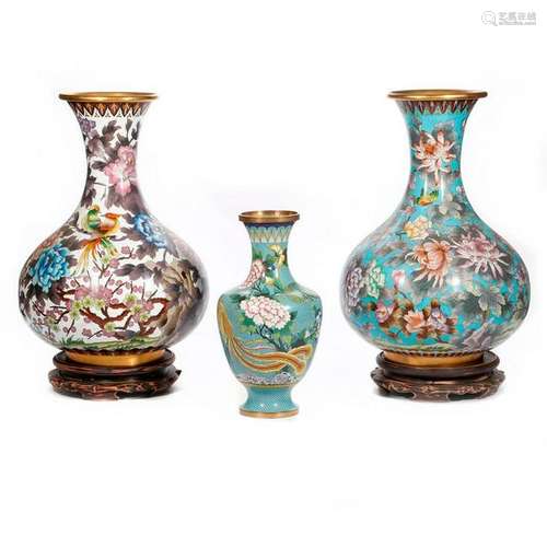 Three Chinese cloisonne vases.