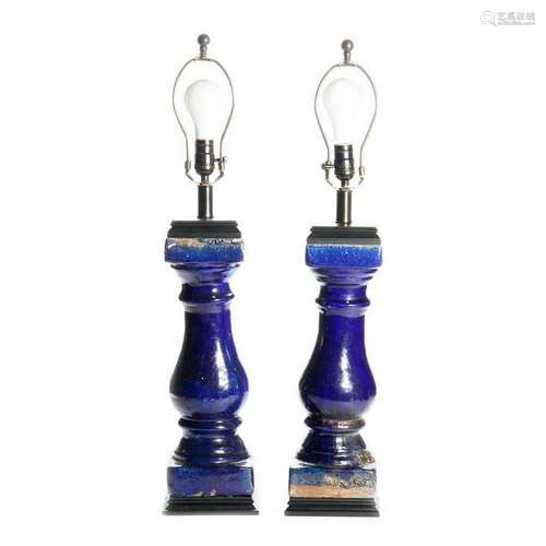 Pair of lapis glazed pottery column lamps.