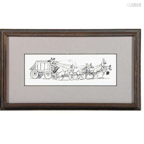 Pen and ink drawing of a stagecoach attributed to