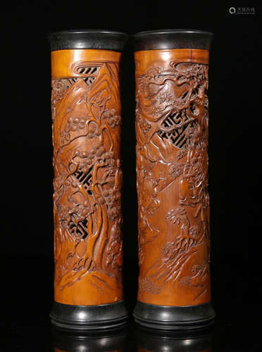 PAIR BAMBOO CARVED FIGURE PATTERN CENSER