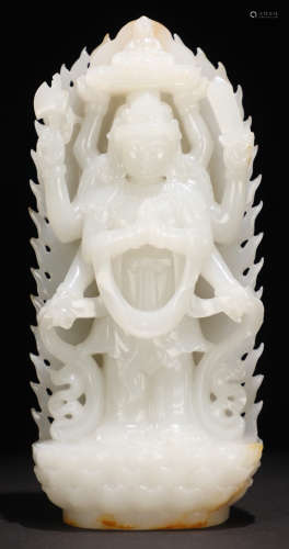A HETIAN JADE CARVED MULTI ARMS GUANYIN BUDDHA