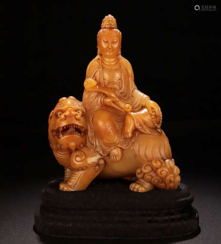 A TIANHUANG STONE CARVED LION&GUANYIN BUDDHA
