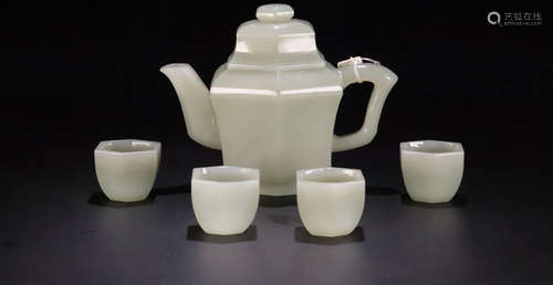 SET OF HETIAN JADE CARVED POT AND CUPS