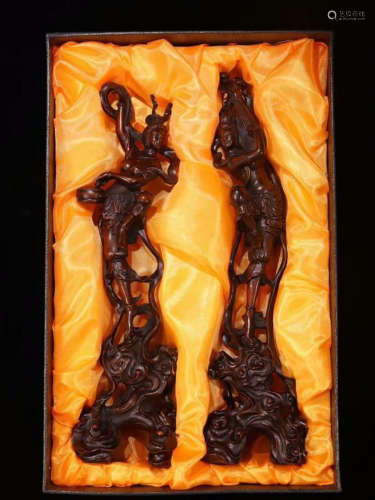 PAIR HUANGYANG WOOD CARVED FIGURE SHAPED PENDANT